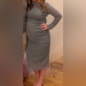 PinkBlush Light Olive Shimmer Mesh Long Sleeve Ruched Maternity Midi Dress Large